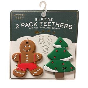Modern Baby Infant Silicone 2 Pack Teethers Christmas Tree Gingerbread NWT